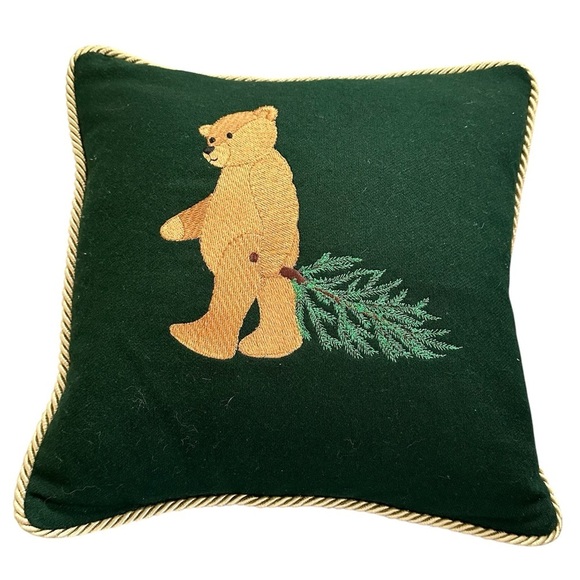CJC St Simons Island Pillow Bear Embroidery Green Duck Feathers & Down 14” - Picture 1 of 6